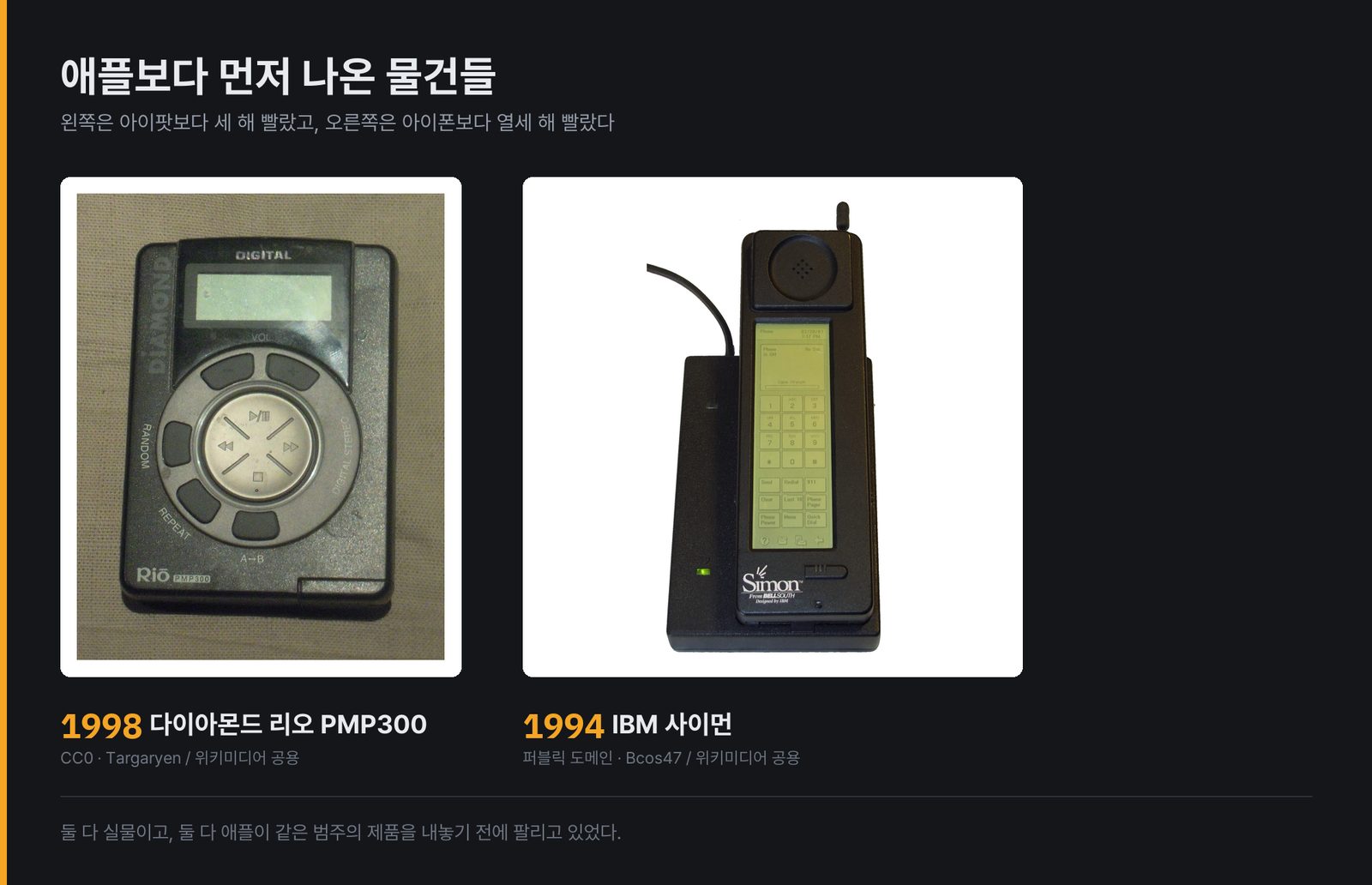 왼쪽 다이아몬드 리오 PMP300은 가운데가 원형 조작부다. 아이팟의 클릭휠보다 세 해 앞섰다. 오른쪽 IBM 사이먼은 화면에 숫자 키패드를 그려 넣은 터치스크린 방식이고 아래쪽에 'Designed by IBM'이 찍혀 있다 (사진: CC0 Targaryen, 퍼블릭 도메인 Bcos47 / 위키미디어 공용)