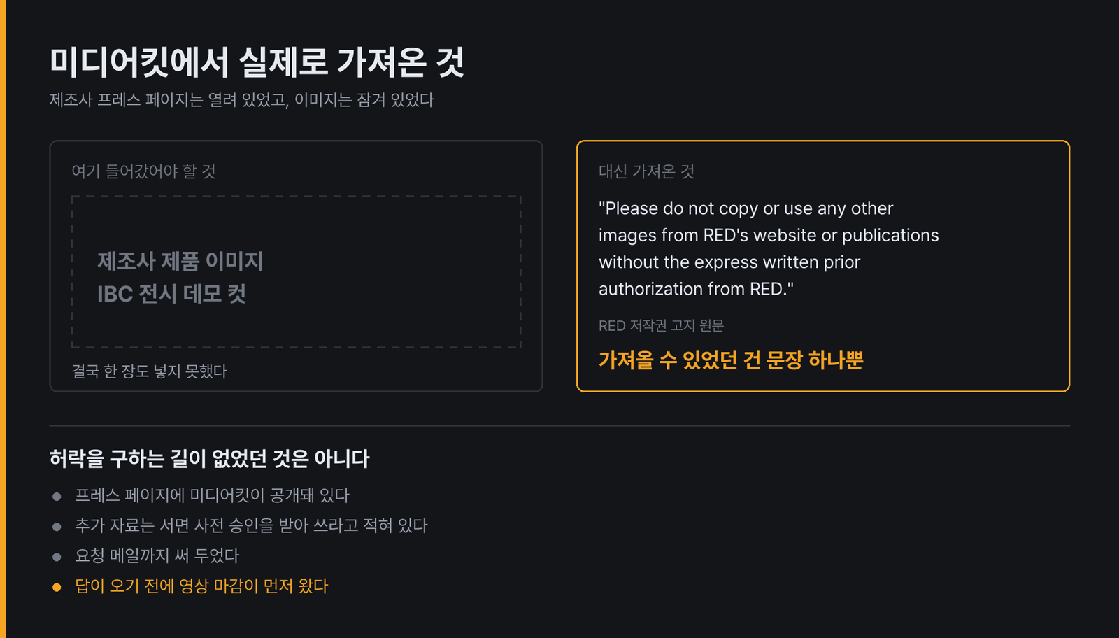 왼쪽은 원래 제품 이미지와 전시 데모 컷이 들어갔어야 할 자리인데 비어 있다. 오른쪽이 그 자리에서 실제로 가져온 것 — RED 저작권 고지 원문 한 문장이다